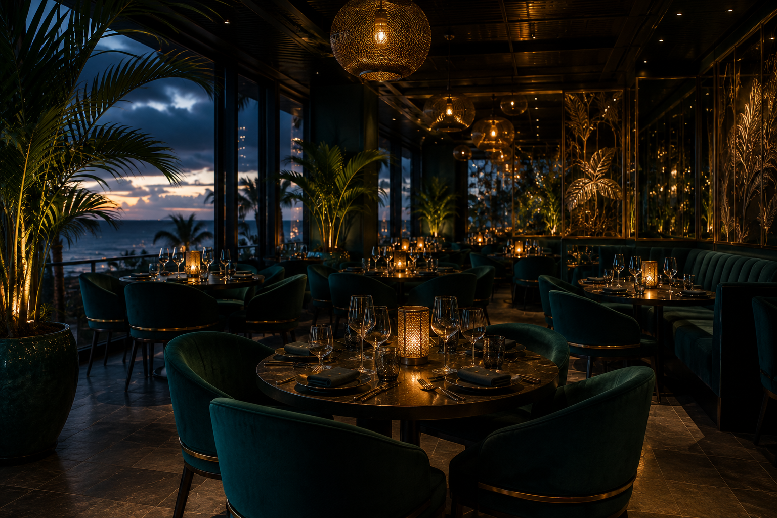 Restaurant dining room at dusk