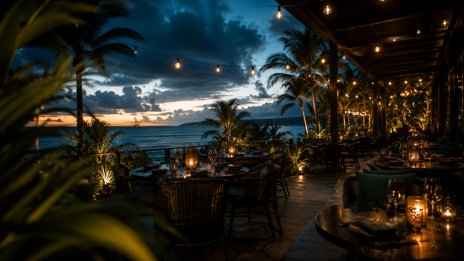 Outdoor terrace seating at sunset