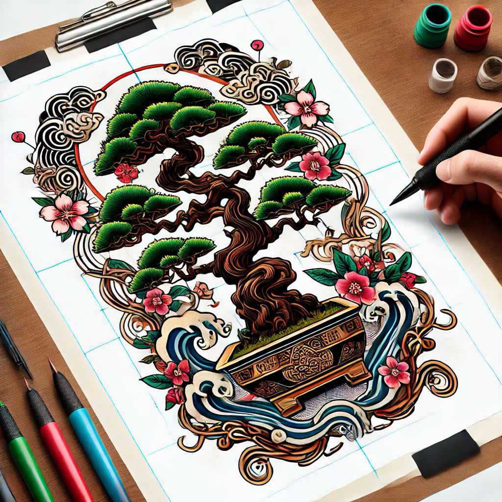 Artist's hand-drawn bonsai design