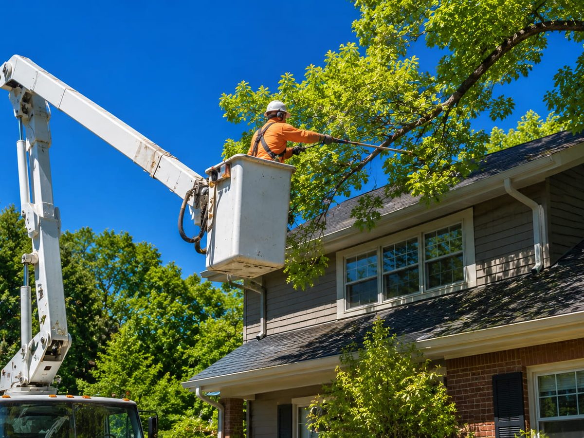An arborist in a bucket truck pruning branches back from a home's roofline in West Bloomfield
