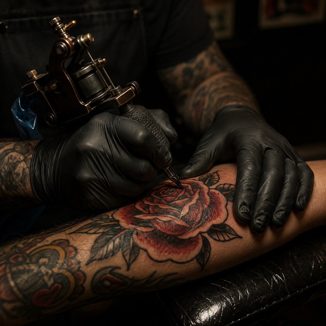 Traditional tattoo artist tattooing a rose at True Heart Tattoo Co.
