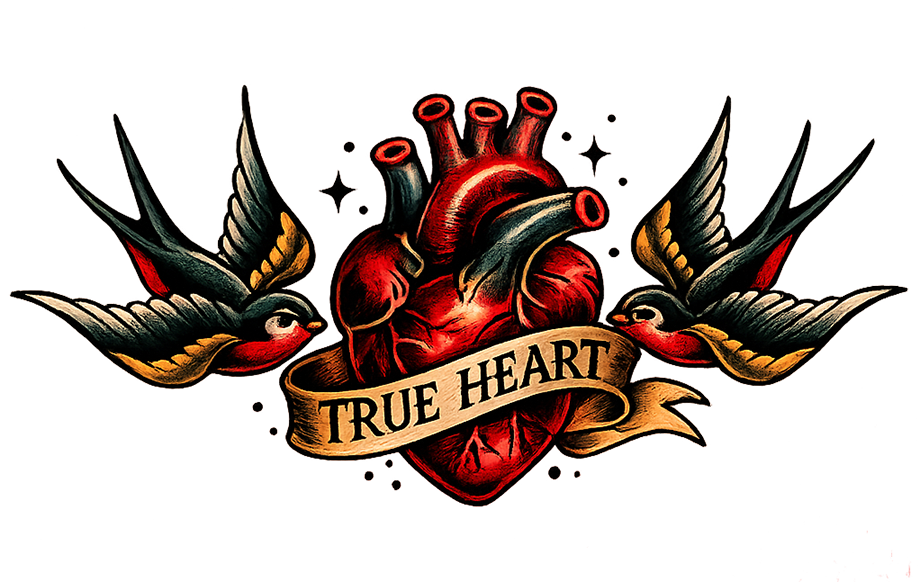 True Heart Tattoo Co. — swallows, anatomical heart and banner flash art