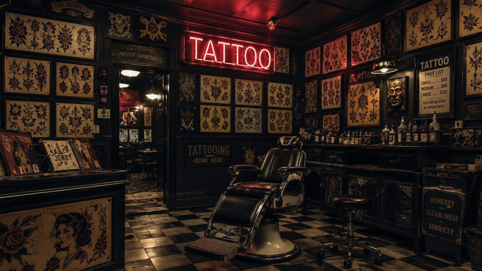 True Heart Tattoo Co. studio interior — neon sign, leather chair, flash art on the walls